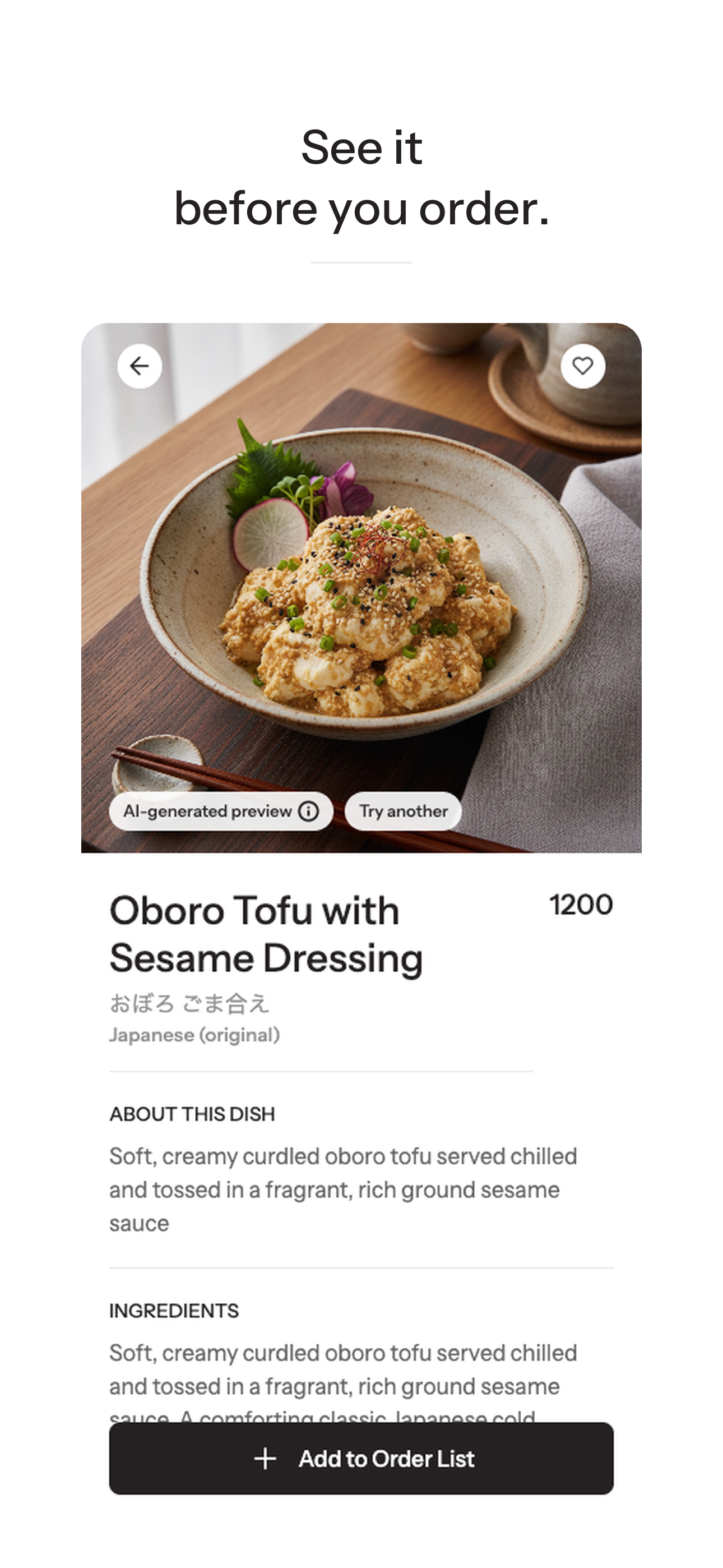 A dish detail with an AI-generated photo, description and ingredients
