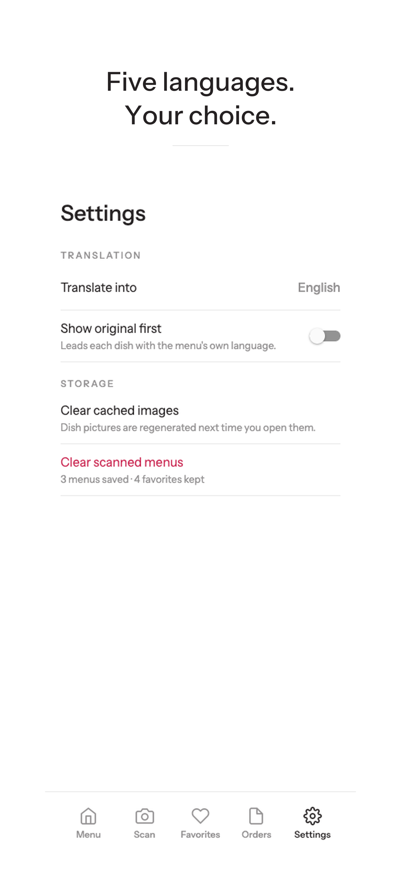 Settings — choosing which language to translate into
